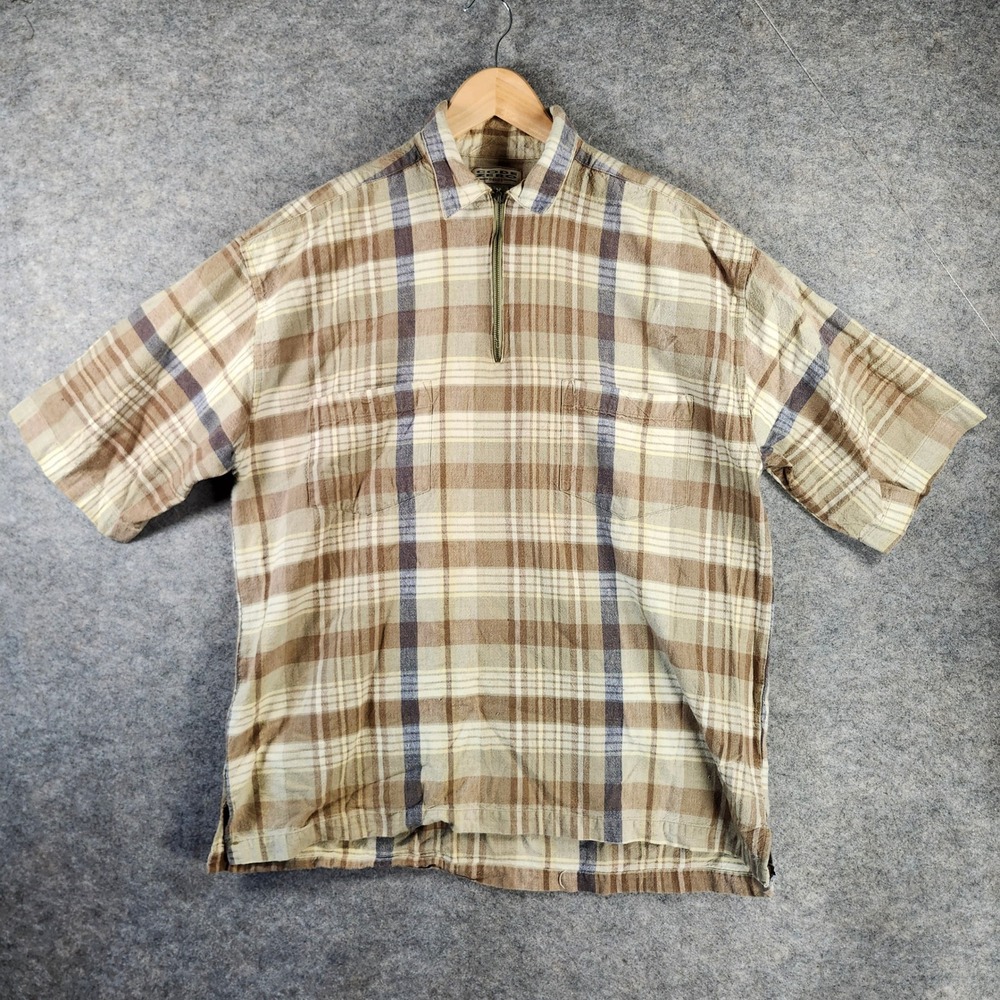 VTG Code Zero Men XL Plaid 1/4 Zip Short Sleeve Shirt Brown Cotton Casual 80s